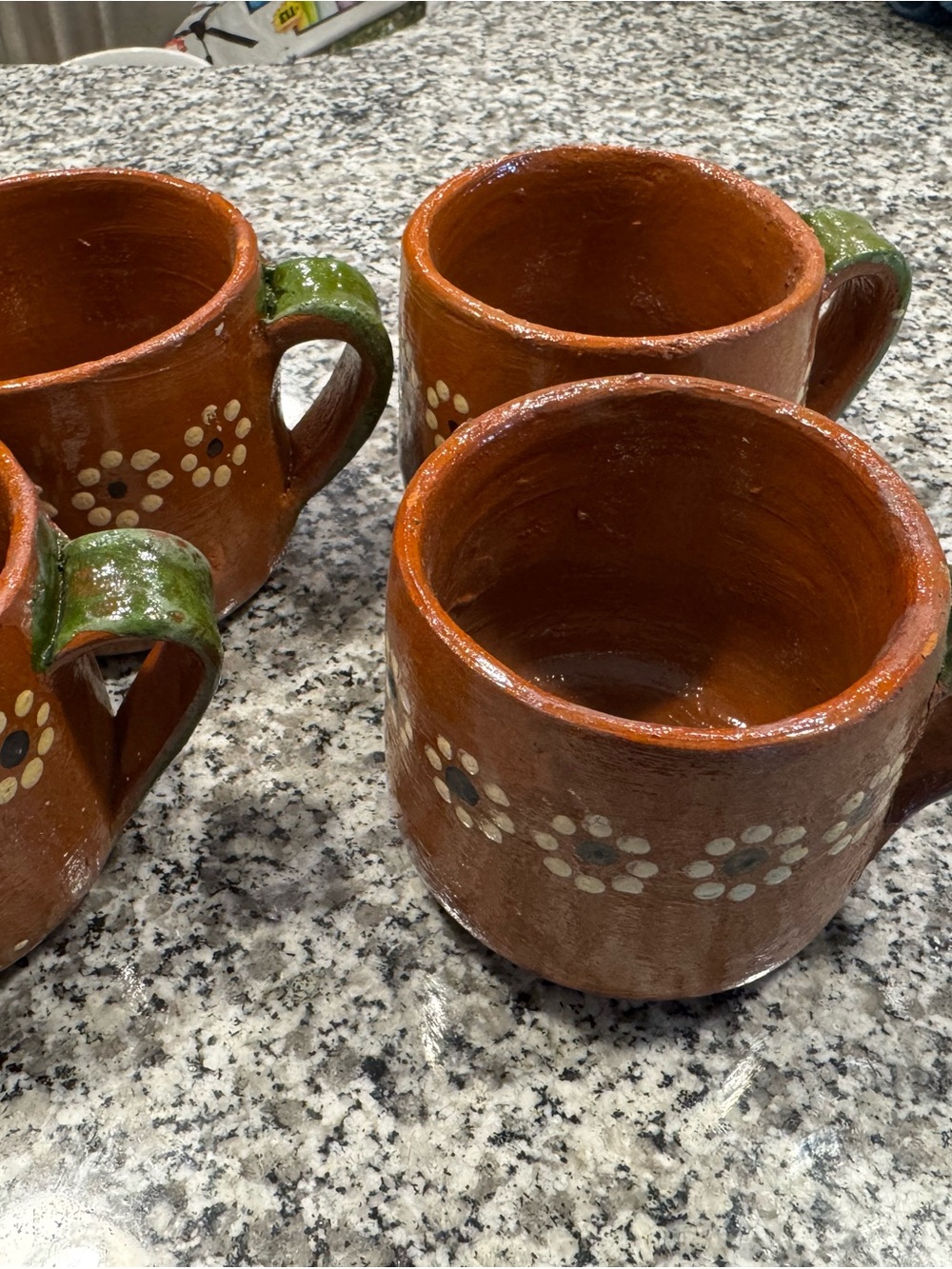 Handcrafted Terracotta Brown Floral Ceramic Mugs with Green Handles - Set